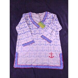 ecoaccents XL White Blue Red Anchor Print 100% Cotton 3/4 Sleeve Tunic Top